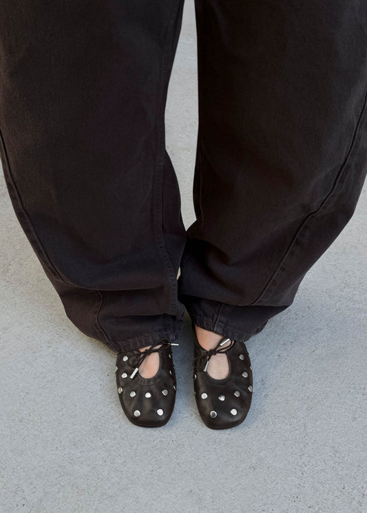Rosalind All Studs Vintage Effect Brown Leather Ballet Flats-image
