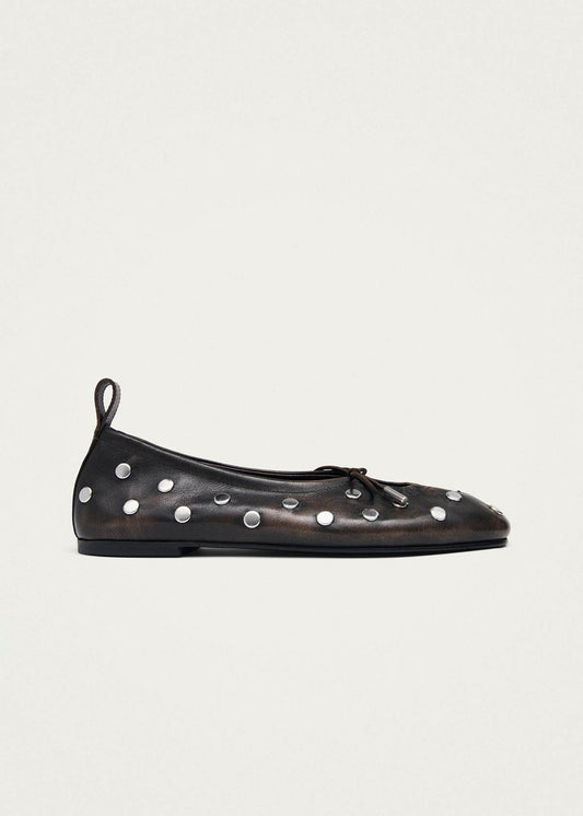 Rosalind All Studs Vintage Effect Brown Leather Ballet Flats-image