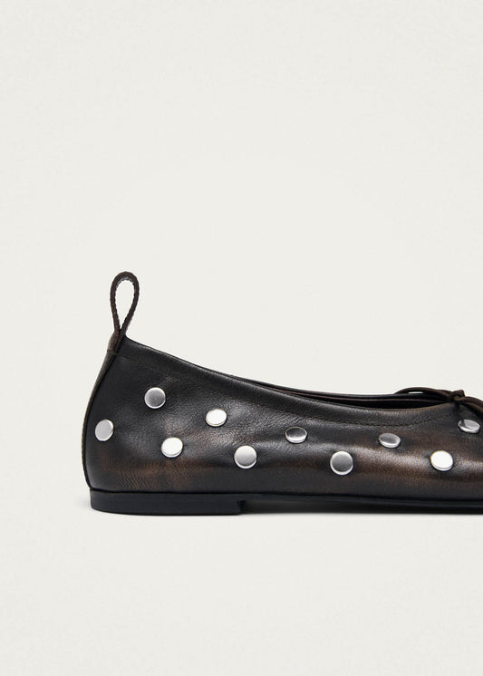 Rosalind All Studs Vintage Effect Brown Leather Ballet Flats-image