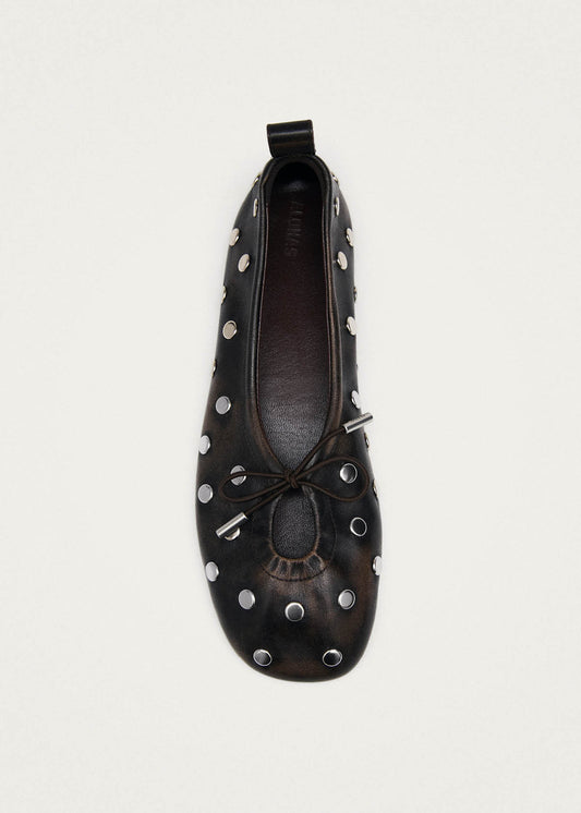 Rosalind All Studs Vintage Effect Brown Leather Ballet Flats-image