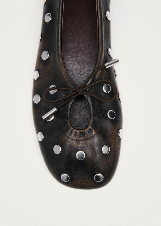 Rosalind All Studs Vintage Effect Brown Leather Ballet Flats-image