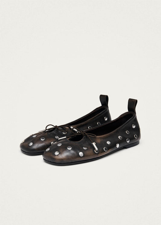 Rosalind All Studs Vintage Effect Brown Leather Ballet Flats-image